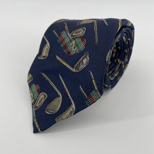 Brooks Brothers Makers Silk Tie Navy Blue Golf Clubs Plaid Bags Mens Necktie USA